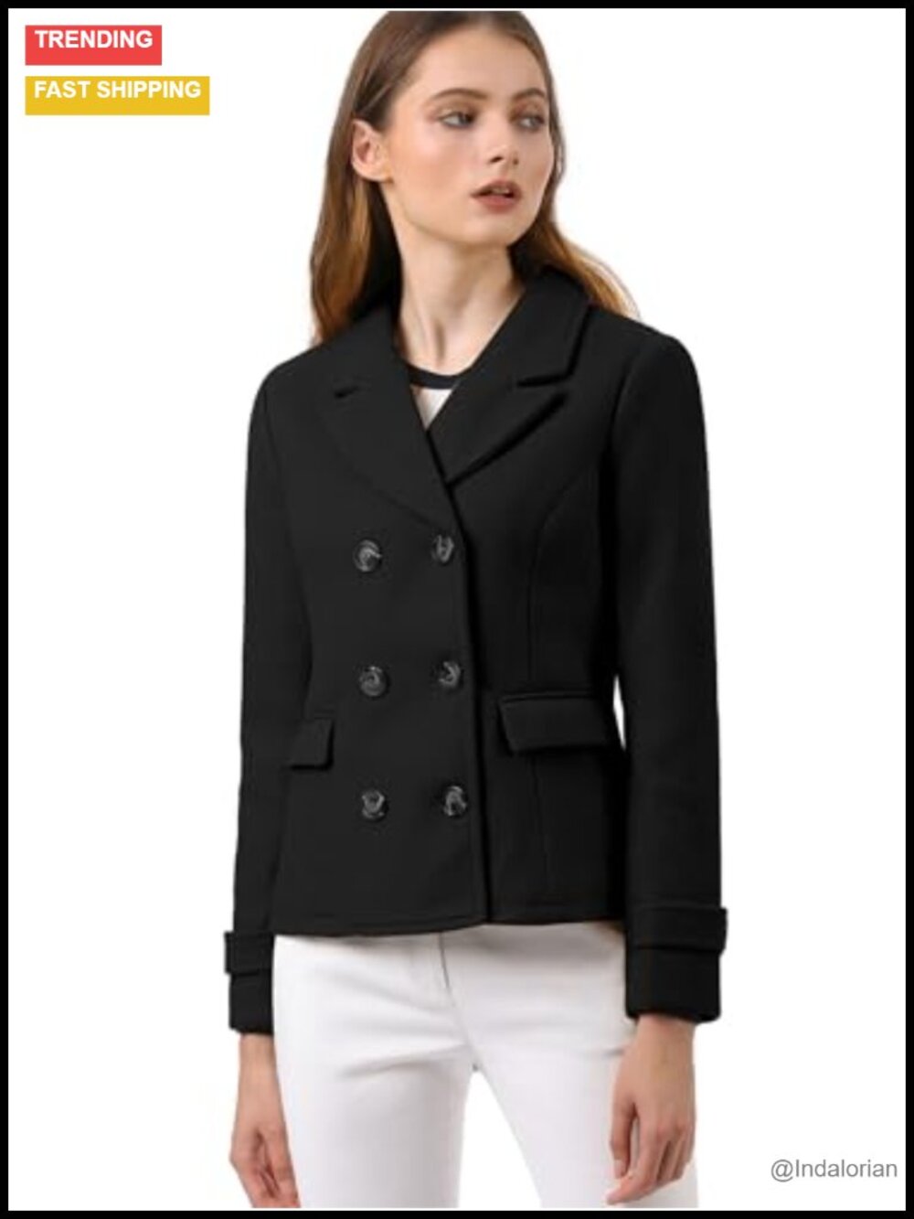 Womens Notched Lapel Double Breasted Short Pea Coat H Line Long Sleeve
